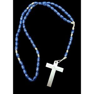 Blue And White Plastic Beaded Rosary Necklace